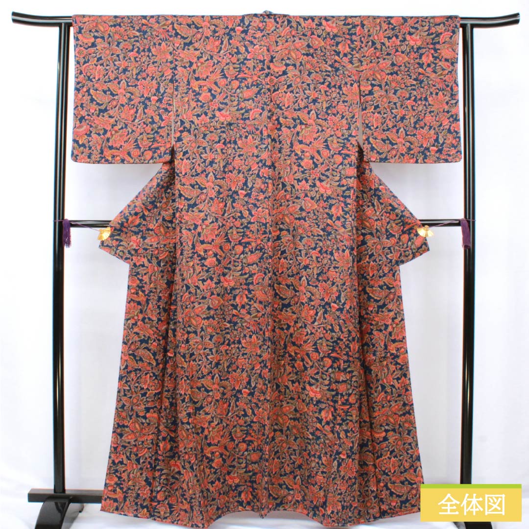Komon (small pattern) silk, S rank, length 161cm, sleeve length 62.5cm, lined, tetsubudou-iro (grape-colored) chintz, navy blue with basting thread, product number 1115007142418