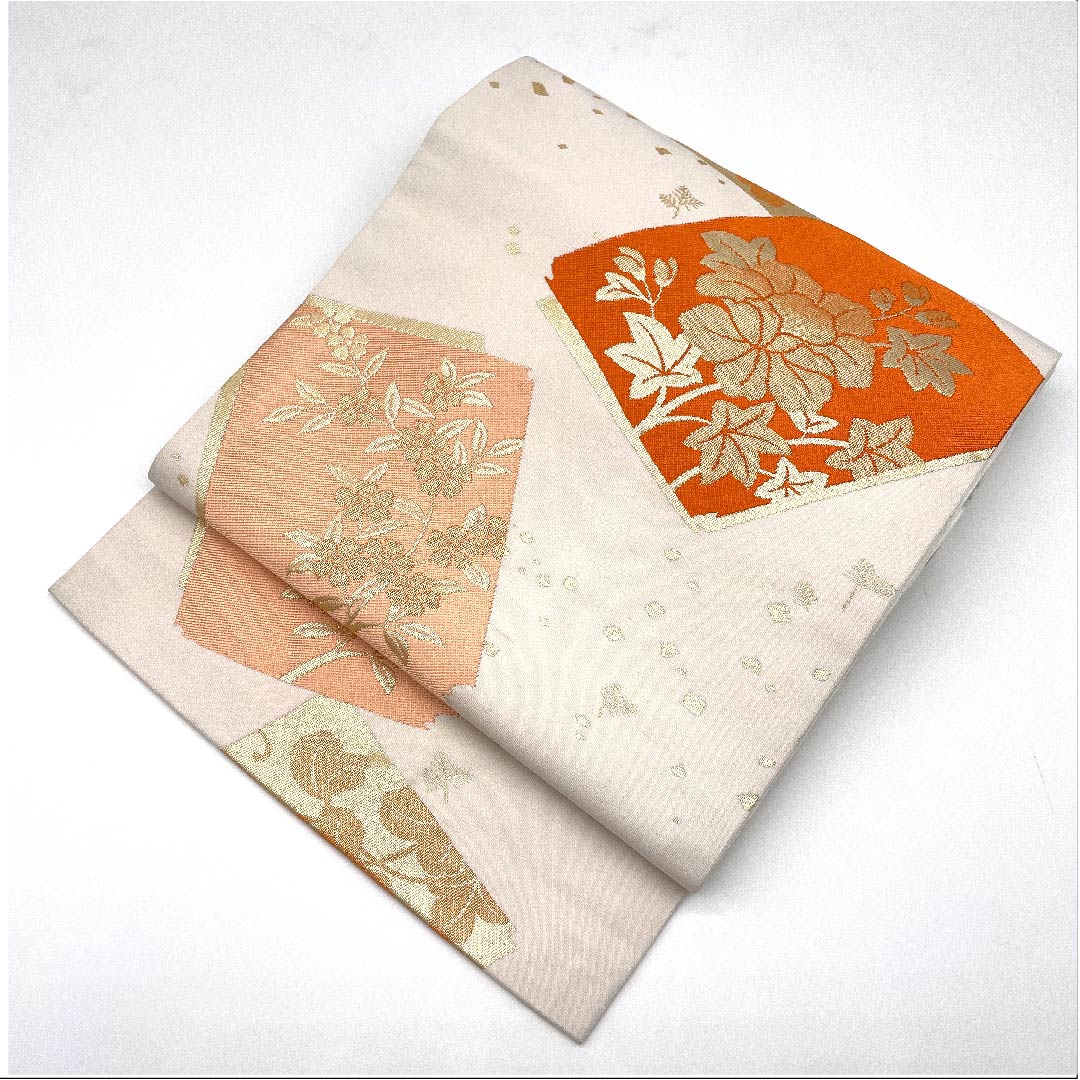 Nagoya obi, chalk color, floral pattern, obi length 356cm, poly, S rank, six-pass, semi-formal, white, 1124003372311, Nagoya style