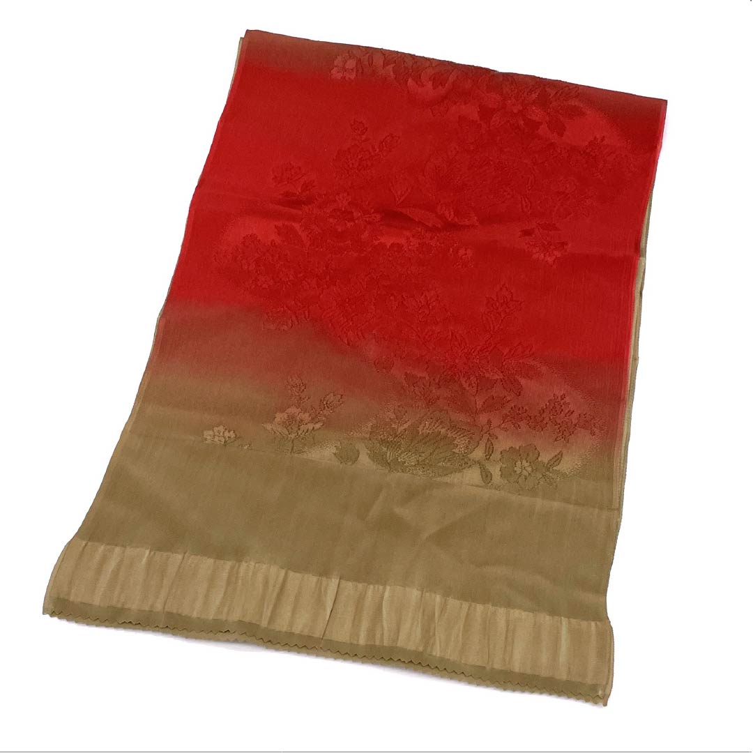 Obiage, pure silk, S rank, casual, earth tone (tsuchi-iro), pomegranate color (zakuro-iro), undulating flower pattern, length approx. 180cm, width approx. 29.5cm, brown系 1136004382914