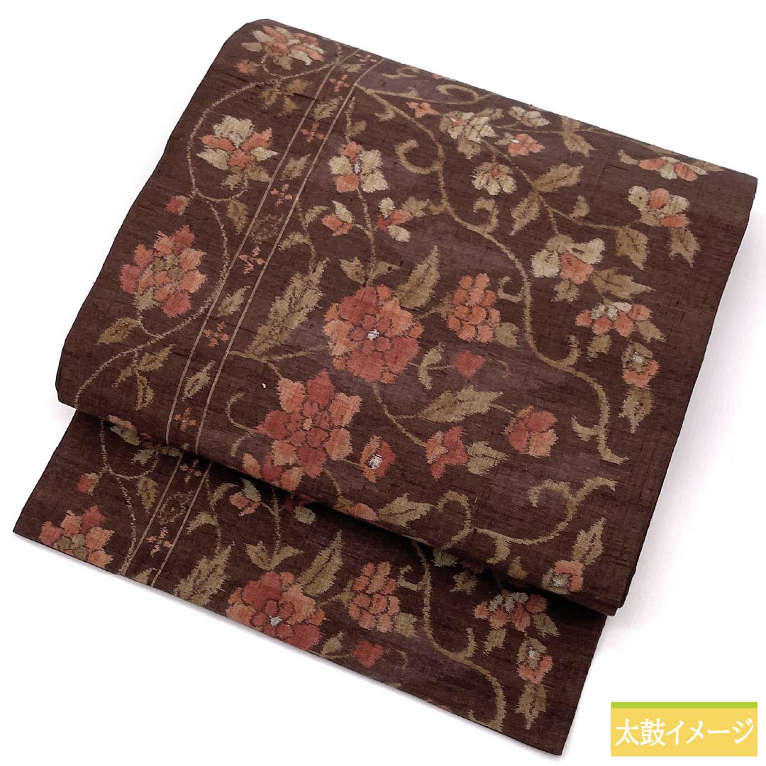 名古屋帯 正絹 Sランク 紅檜皮色(べにひわだいろ) 更紗文様 紬地 帯丈362cm 六通 カジュアル 茶系 1124009342314 名古屋仕立て