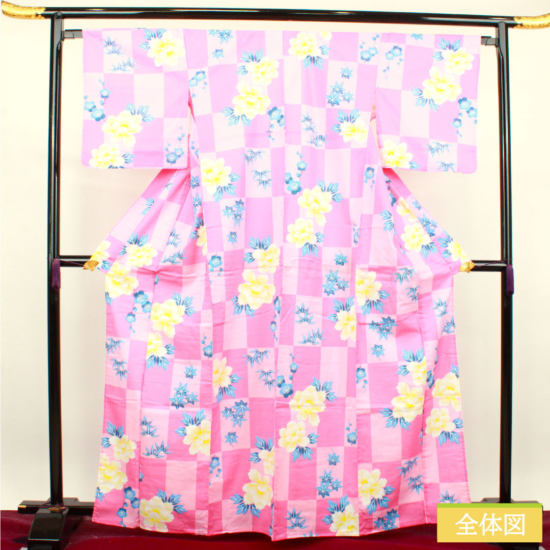 浴衣 木綿 身丈165.5cm 裄丈66cm Sランク 単衣 ピンク系 市松 牡丹 梅 紅葉 1118004652513