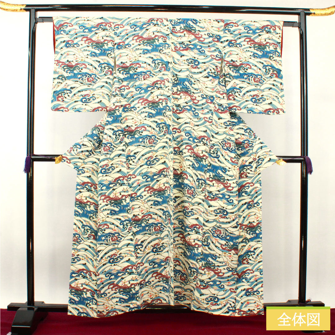 小紋 正絹 身丈157.5cm 裄丈62cm 袷 京紅型 波 Aランク 白系 1115004083311