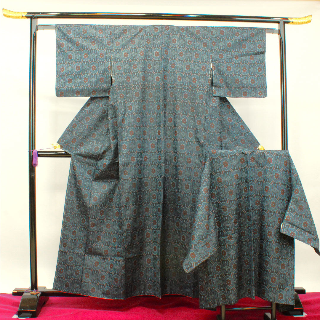 Murayama Oshima Tsumugi Length 159.5cm Sleeve length 62.5cm Ensemble Geometric pattern Pure silk A rank A-line Navy 1116002843318