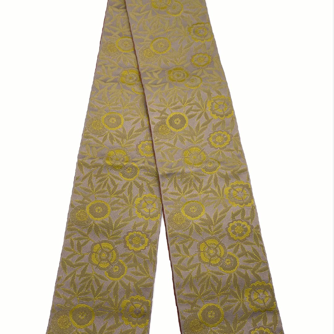 (New) Half-width obi, polyester, NEW rank, Nezumi-shino color, Shuan color, abstract floral pattern, horizontal stripes, reversible, obi length 400cm, brown-toned, 1125002711414