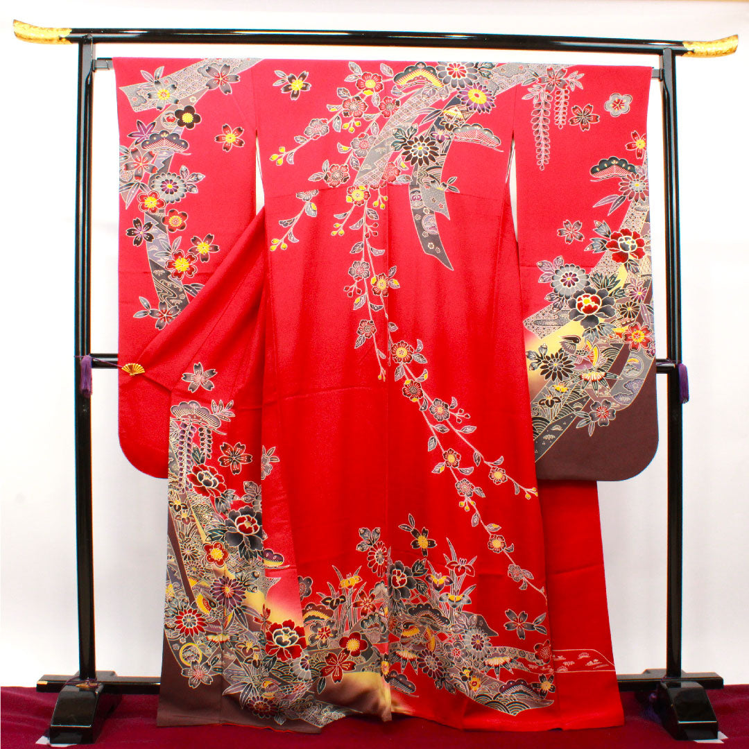 振袖 身丈167cm 裄丈68cm 袷 真紅色 京紅型 吉祥文様 スコッチガード加工 正絹 Sランク 赤系 1113001692512