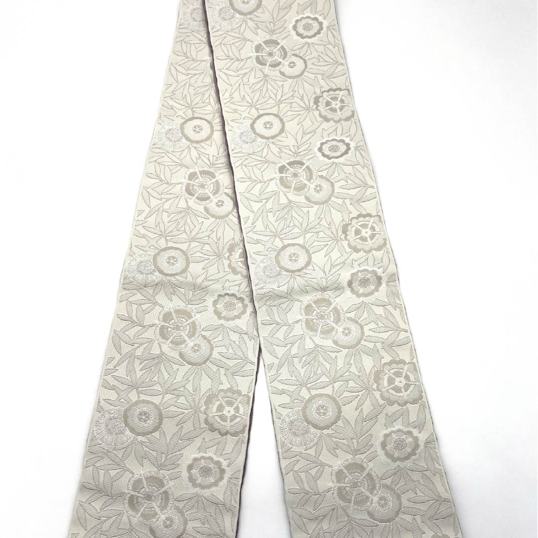 (New) Half-width obi, polyester, NEW rank, ivory, reddish-brown, abstract floral pattern, horizontal stripes, reversible, obi length 400cm, white-based, 1125002821411