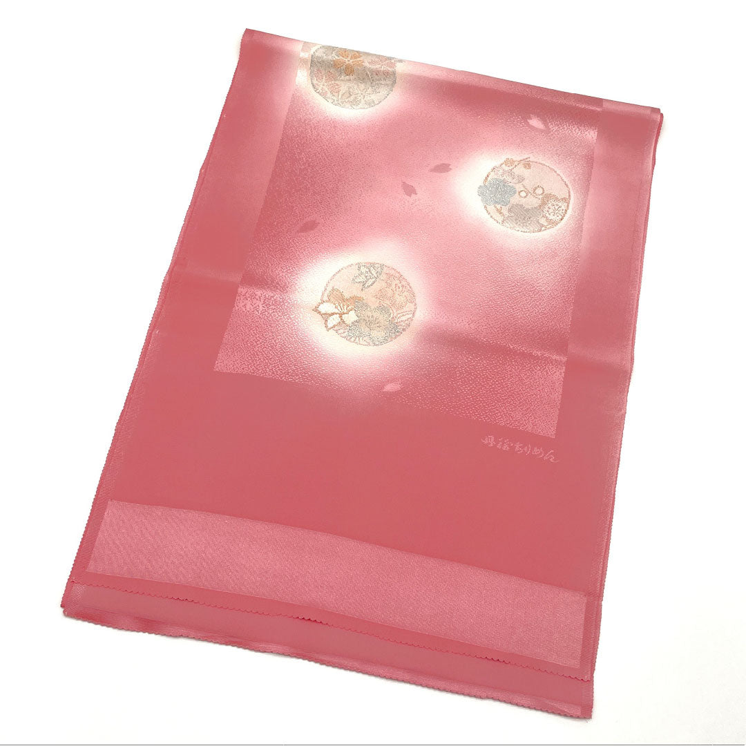(新古品)帯揚げ 正絹 NEWランク セミフォーマル 中紅花色(なかのくれないいろ) 丹後ちりめん 丸に花 桜 長さ約180cm 幅約31cm ピンク系 1136001311913