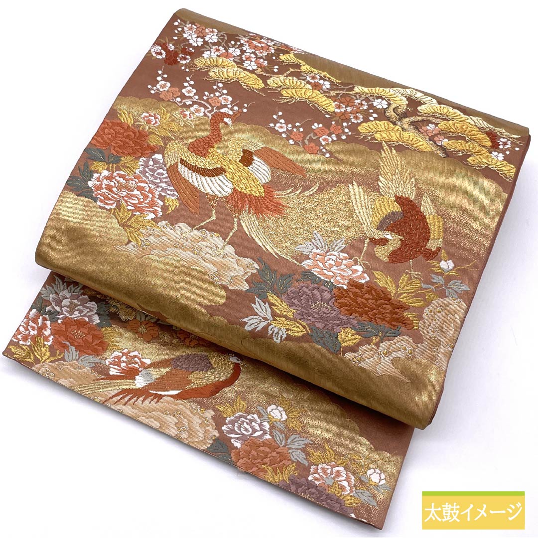袋帯 正絹 鴇浅葱色(ときあさぎいろ) 留袖用 雲取り 鳳凰 梅 帯丈425cm Sランク 六通 フォーマル 茶系 1123014212314