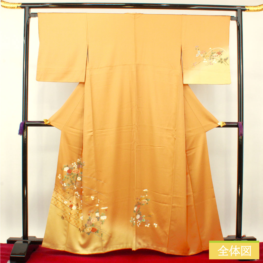 訪問着 袷 身丈163cm 裄丈66cm 枇杷茶色 京友禅 草花模様 正絹 Sランク 茶系 1112003912414
