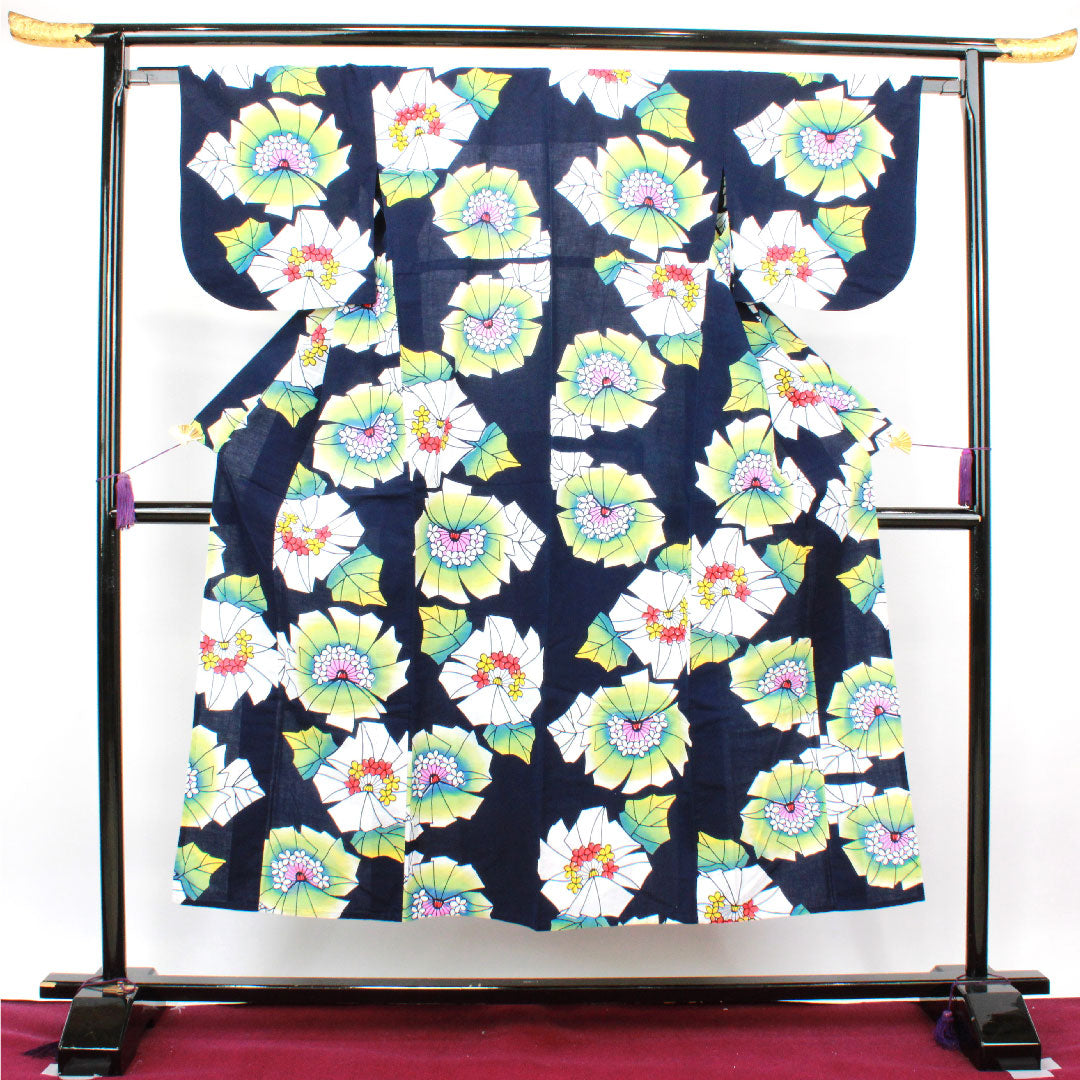 浴衣 濃紺色 抽象模様 木綿 Sランク 単衣 身丈147.5cm 裄丈64cm 紺系 1118002482118