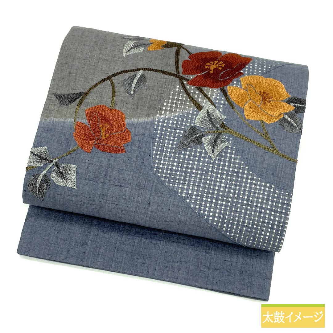 Nagoya Obi Silk A Rank Shakujyo-iro Sagara Embroidery Swatow Embroidery Floral Pattern Obi Length 356cm Point Pattern Casual Gray System 1124011503322 Open-Sided