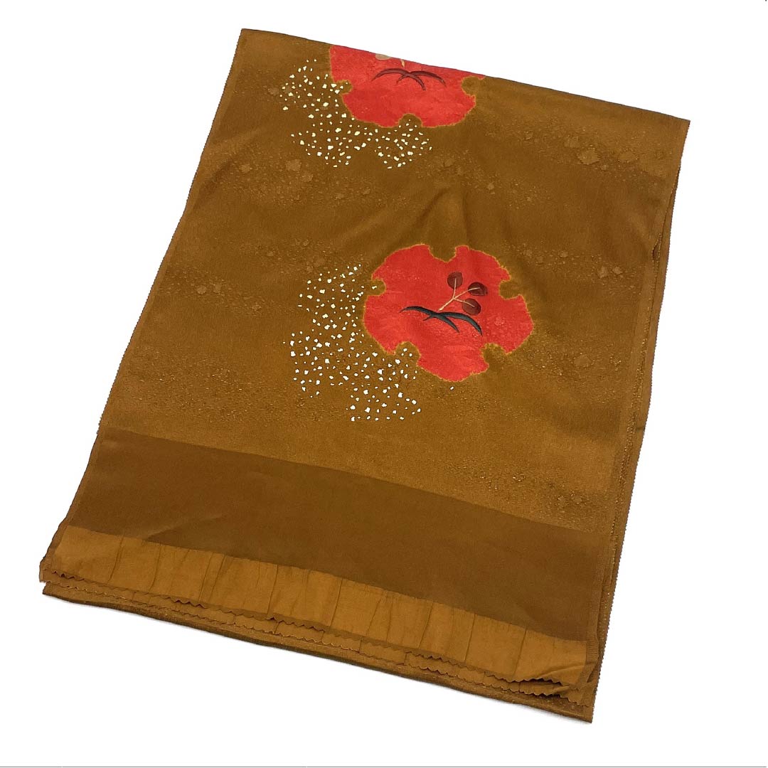 Obiage, pure silk, S rank, semi-formal, tawny (yellowish-brown), snow ring, partial shibori, embroidery, length approx. 170cm, width approx. 30.5cm, brown系 1136002722914