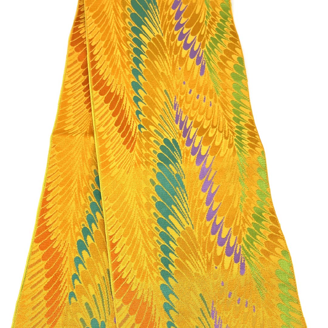 Half-width obi, polyester, golden yellow, Kansai, abstract pattern, obi length 402cm, yellow, S rank, 1125001802423