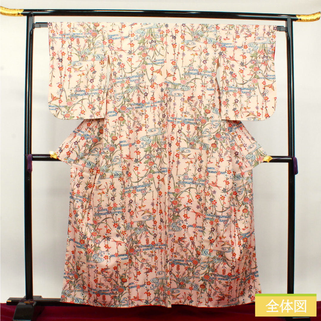 Komon, pure silk, length 159cm, sleeve length 64cm, lined, maiden color, Kyoto Bingata, auspicious pattern, pongee fabric, basting thread included, unused, S rank, pink, 1115003692313