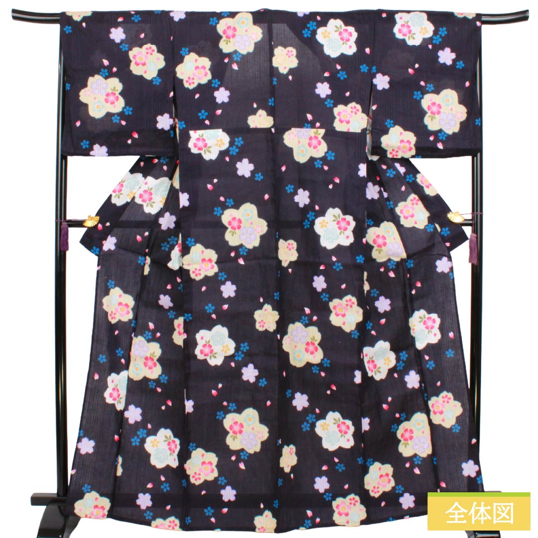 浴衣 木綿 Sランク 身丈165.5cm 裄丈67.5cm 褐色(かちいろ) 桜 型染 単衣 紫系 1118006972520