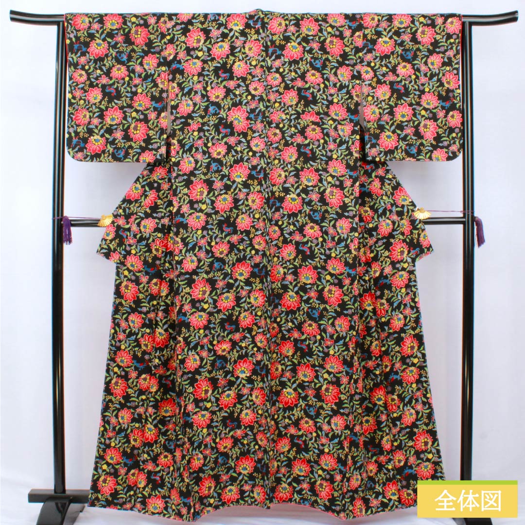 Komon (small pattern) kimono, pure silk, A-rank, length 160.5cm, sleeve length 66cm, lined, floral and bird motifs, black with basting thread, product number 1115007073410