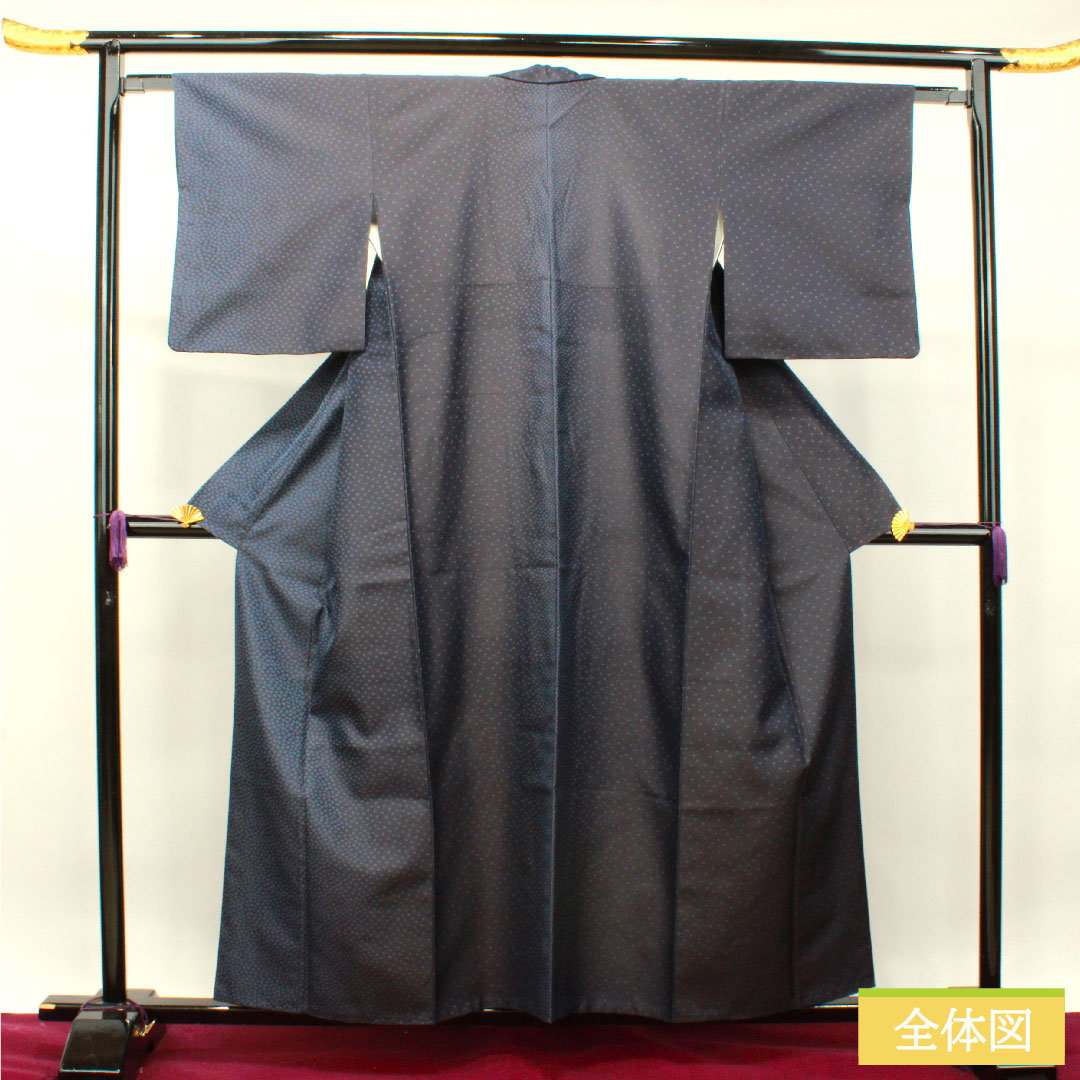Silk kimono, length 157.5cm, sleeve length 61.5cm, Hishiya Rokuemon, Kazetsu kimono, flower petal pattern, S rank, lined, navy blue, 1116003072318