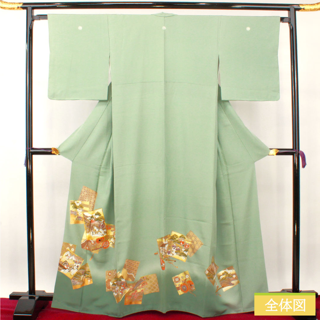 Colored Tomesode, pure silk, length 164.5cm, sleeve length 64.5cm, lined, celadon color, Kyoto Yuzen, period picture scroll pattern, circle with swallowtail butterfly, three crests, with basting thread, unused, S rank, three crests, green, 1111001212419