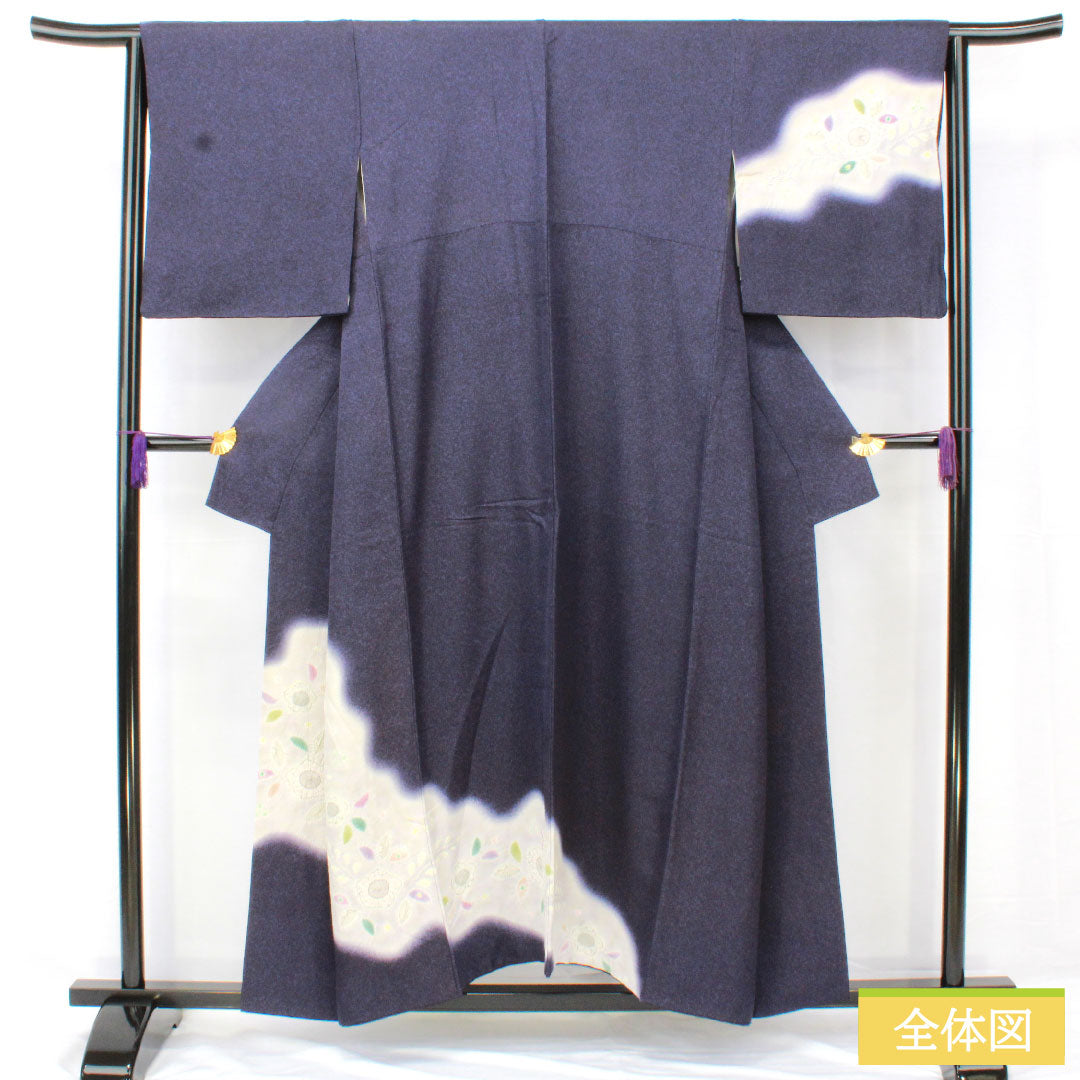 訪問着 正絹 袷 身丈154cm 裄丈63cm 鉄葡萄色(てつぶどういろ) 辻ヶ花 タタキ染 Aランク 紺系 1112005133218