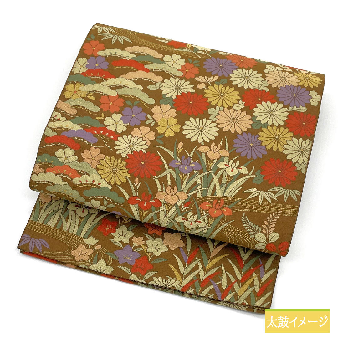 A-Rank Pure Silk Obi with Shoba Weave, Flowing Water and Floral Pattern, Length 432cm, Six-Ply, Semi-Formal, Brown, Product Number: 1123016743314