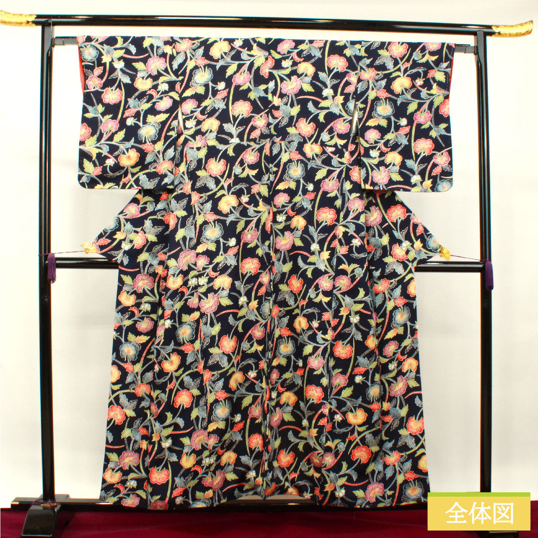 Small pattern, pure silk, length 155cm, sleeve length 62.5cm, lined, navy blue bellflower color, Kyoto Bingata, floral pattern, rank B, navy blue, 1115003784318