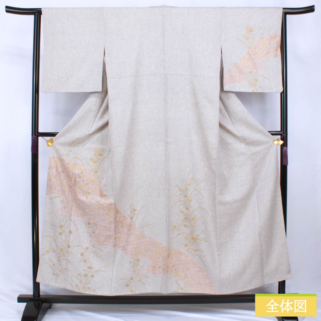 Formal Kimono, Pure Silk, S Rank, Lined, Length 153cm, Sleeve-to-Sleeve 64cm, Komachi-nezuiro (Misty Grey), Kyo-Yuzen, Tornado Shibori, Tataki Dyeing, Suzhou Embroidery, Botanical, Grey Tones, 1112007722222