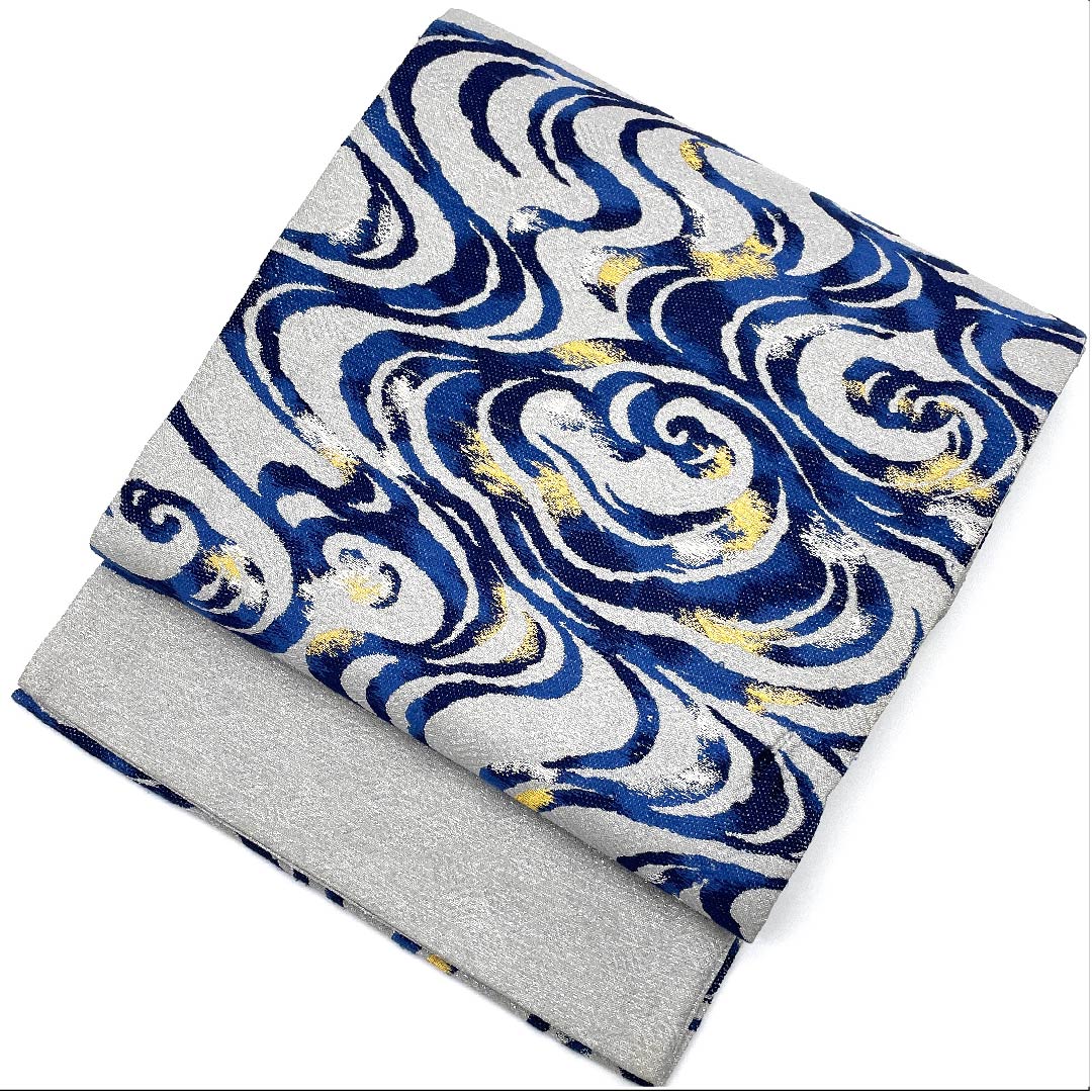 Fukuro obi (light grey) with silver thread, natural ash fermentation, indigo dyeing, abstract pattern, obi length 436cm, pure silk, A rank, six-pass, formal, grey, 1123007533322