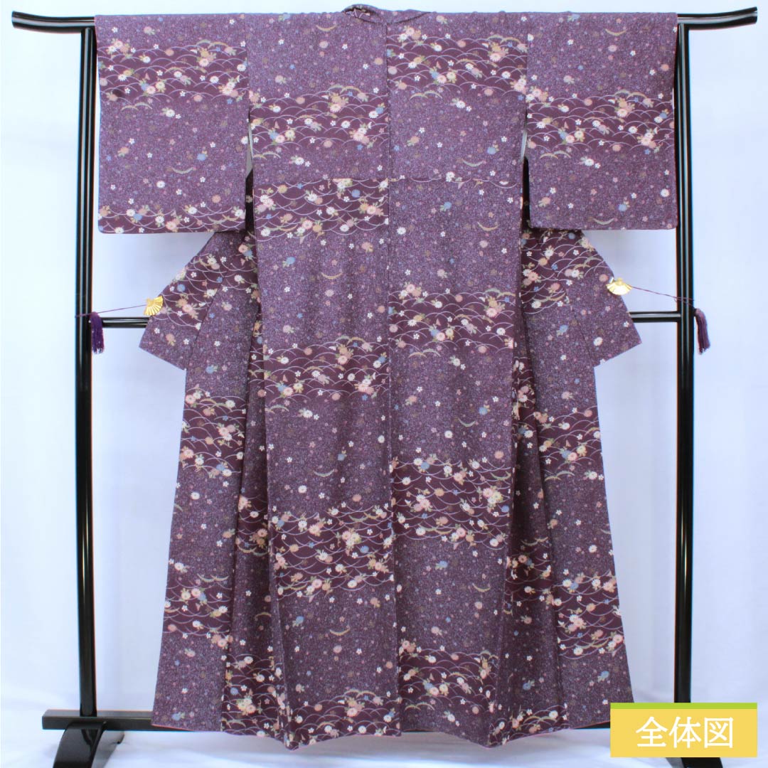 Komon (small pattern) polyester kimono, A rank, length 158cm, sleeve length 64.5cm, lined, deep purple (Fukaki Murasaki Iro) with small flowers and dew grass, washable, purple 1115006973320