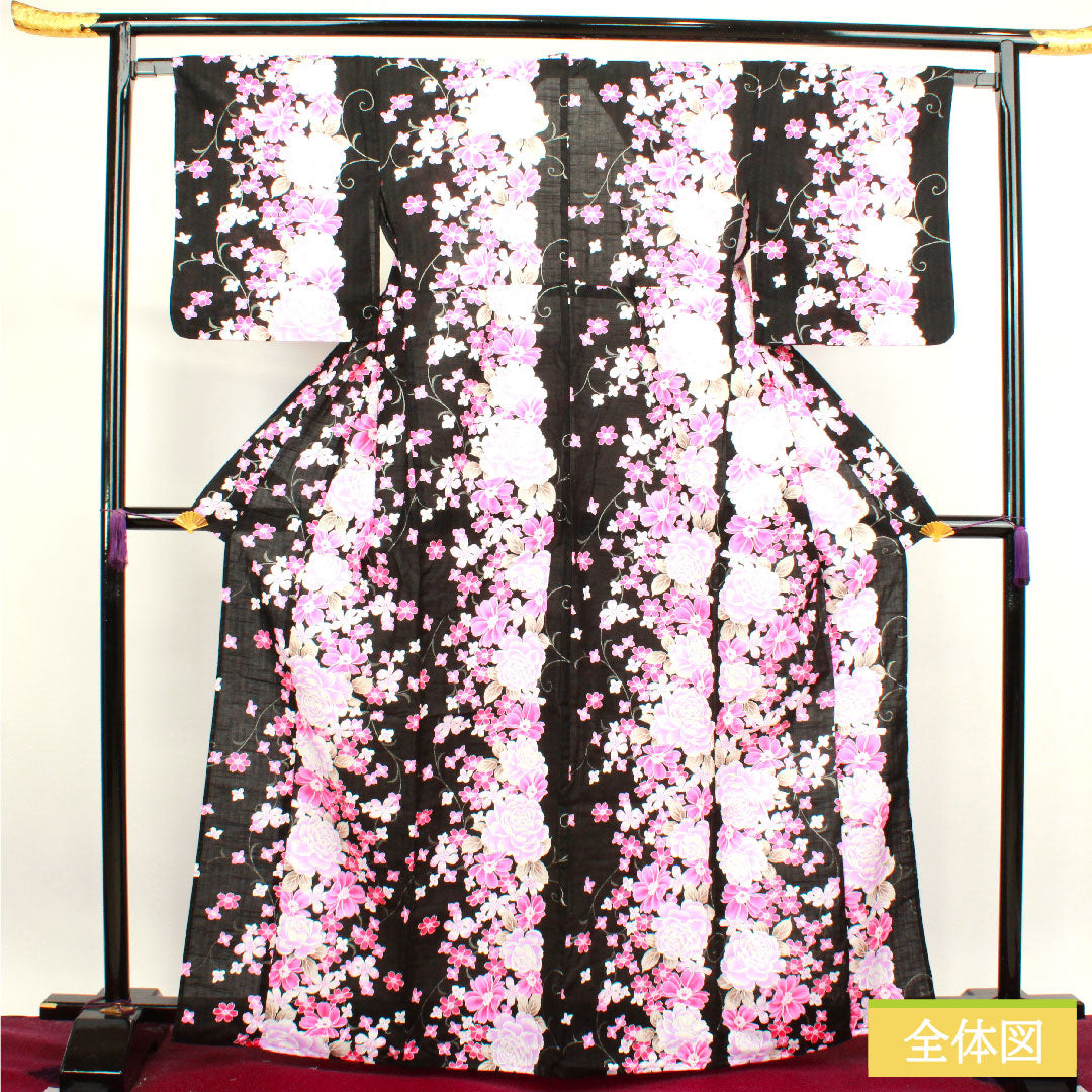 浴衣 木綿 身丈165.5cm 裄丈64.5cm Sランク 単衣 黒系 薔薇 桜 1118004512510