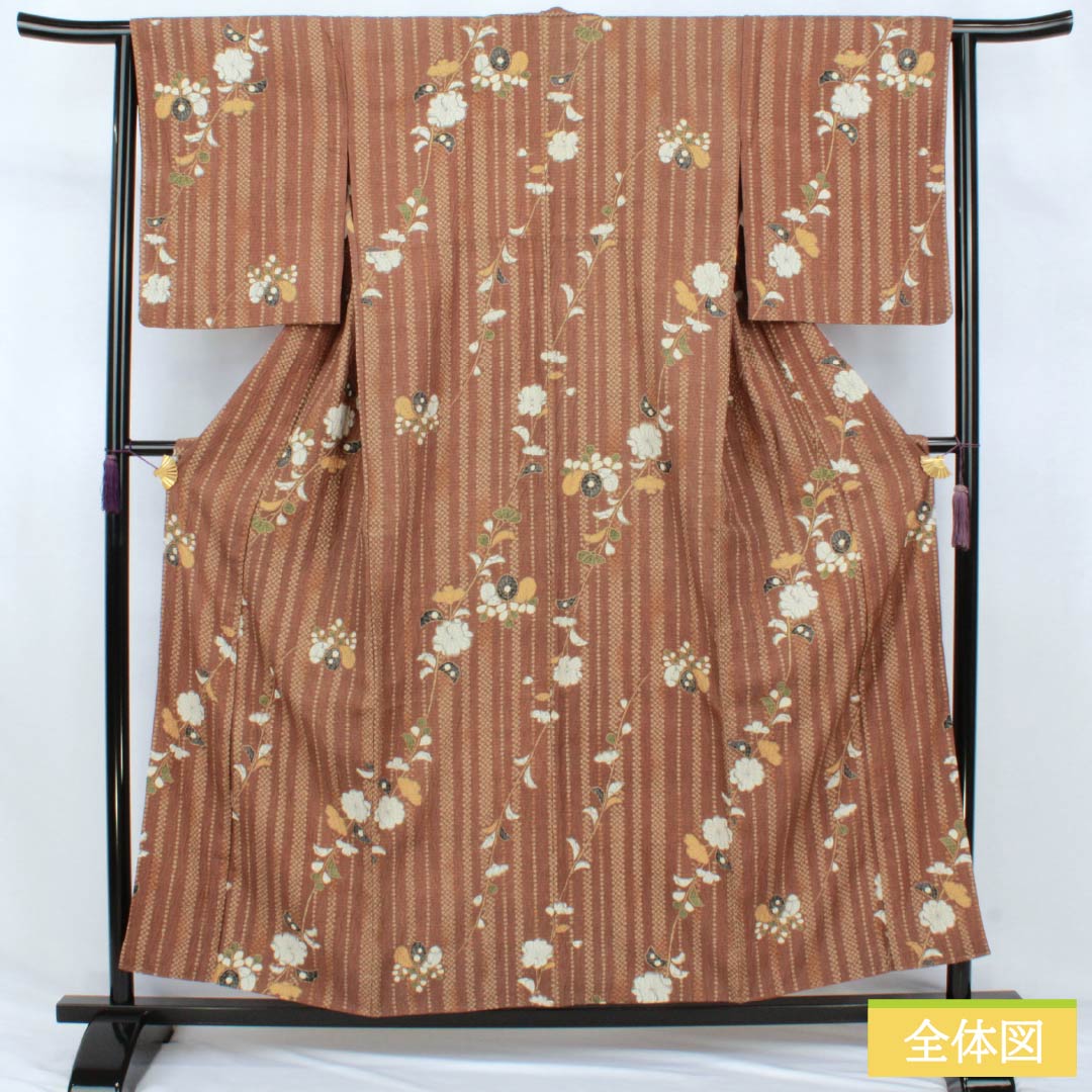 Silk Komon A Rank, Length 156.5cm, Sleeve-to-sleeve 64cm, Lined, Sugisomeiro, Katazome, Tsujigahana, Half-lined, Brown, 1115007843314