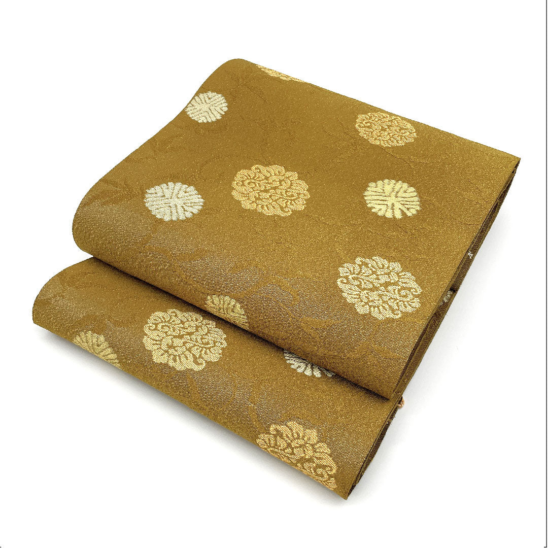 Nagoya obi, genuine silk, NEW rank, pine needle crests, Matsuba tailoring, obi length 368cm, Rokutsu, semi-formal, yellow-ochre, 1124001281323