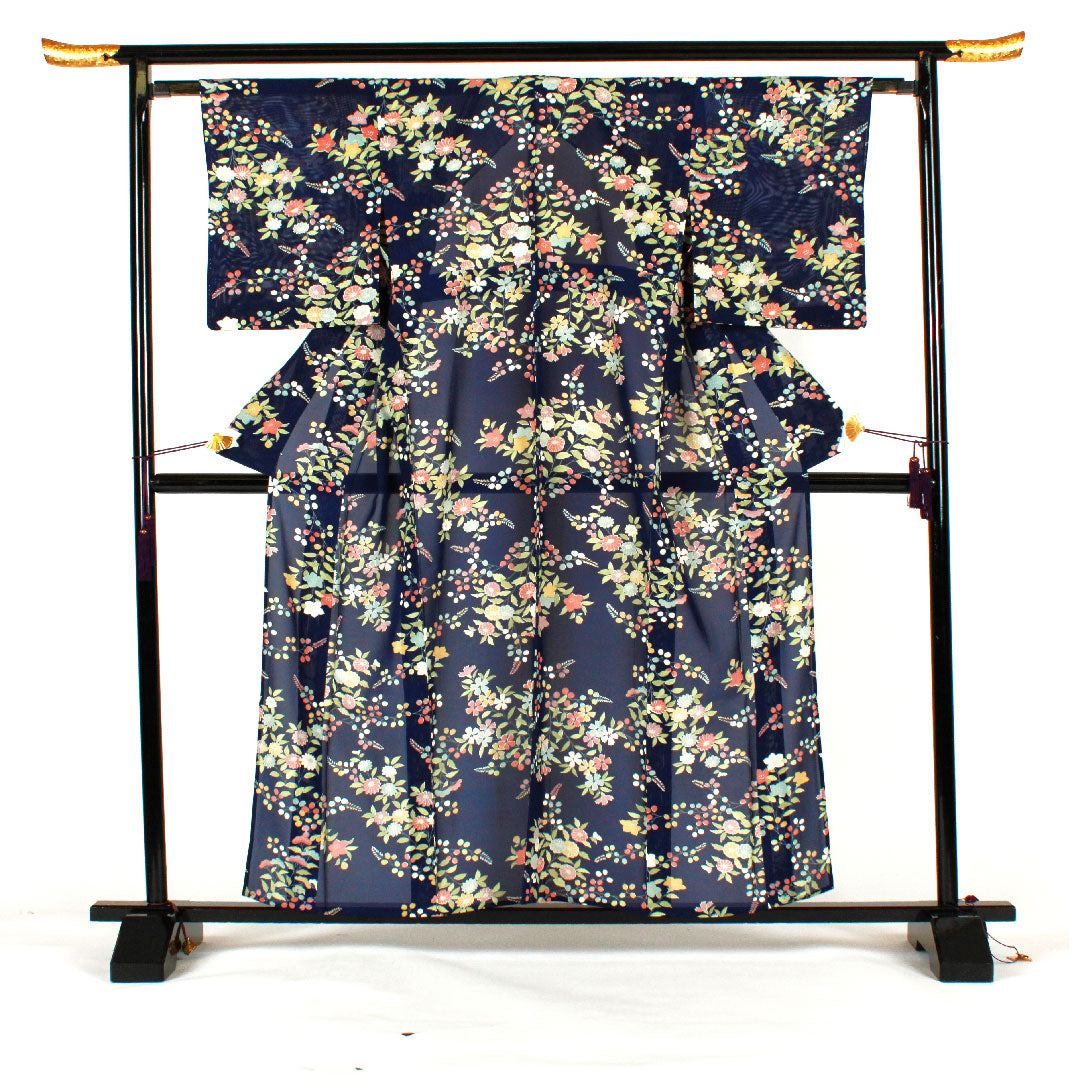 小紋 身丈159cm 裄丈62cm 絽 駒絽 花模様 正絹 Aランク 紺系 1115000743318