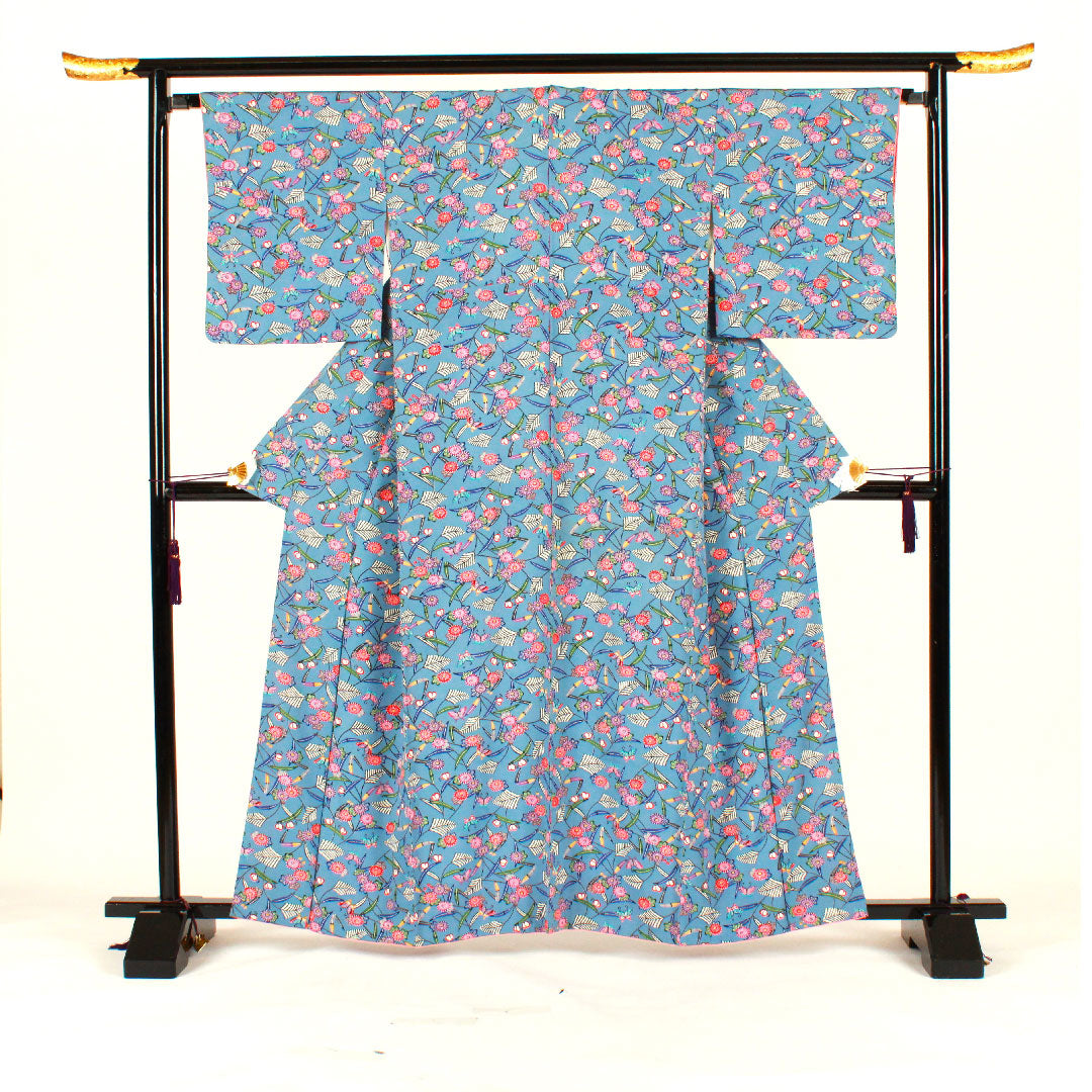 Komon, Length 162cm, Sleeve length 67cm, Lined, Bingata, Pure silk, A rank, Blue, 1115001783417