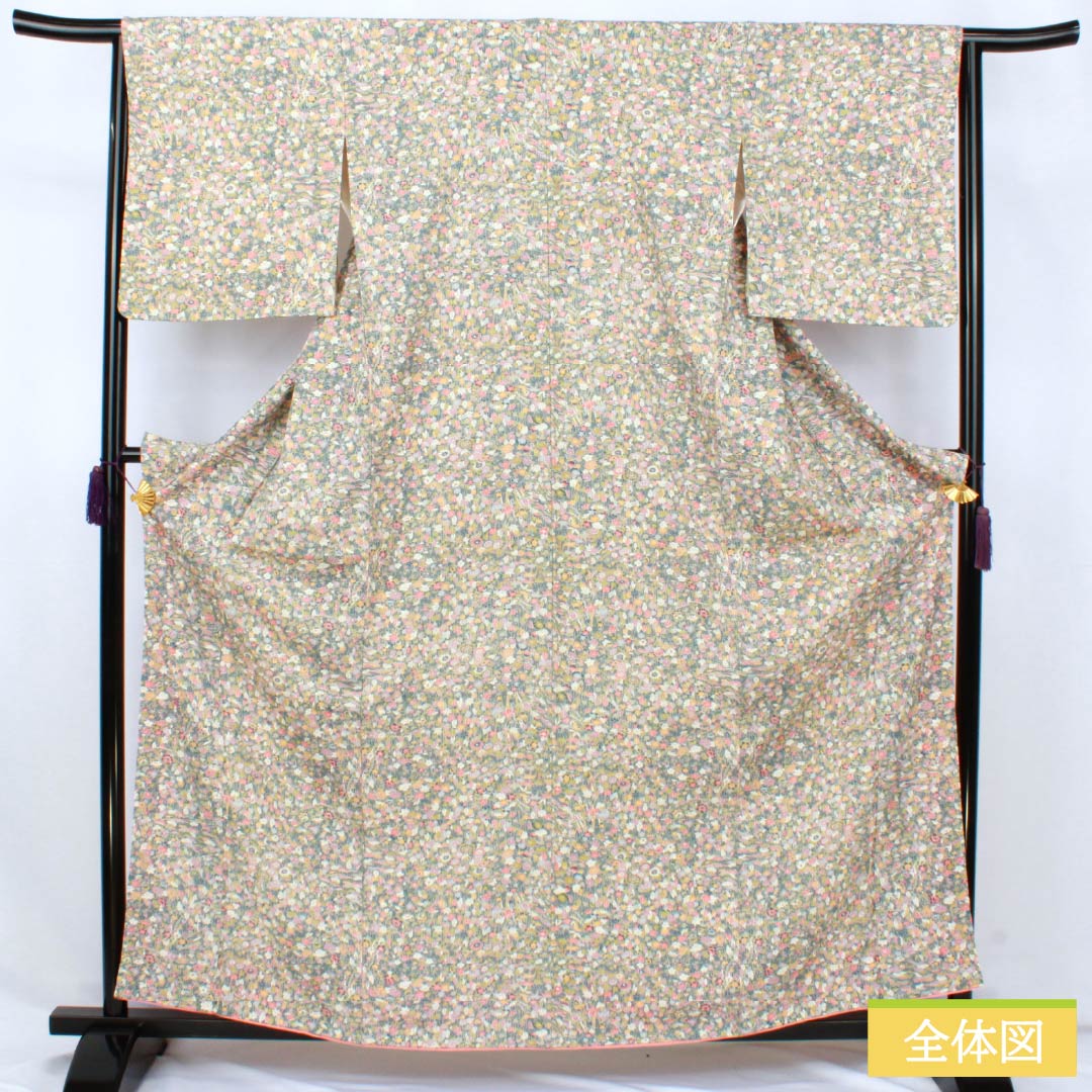 Komon (small pattern) silk, S rank, length 160cm, sleeve length 65cm, lined, Fukagawa gray (Fukagawa gray) pattern, all-over floral pattern, green tones, product number 1115007762419