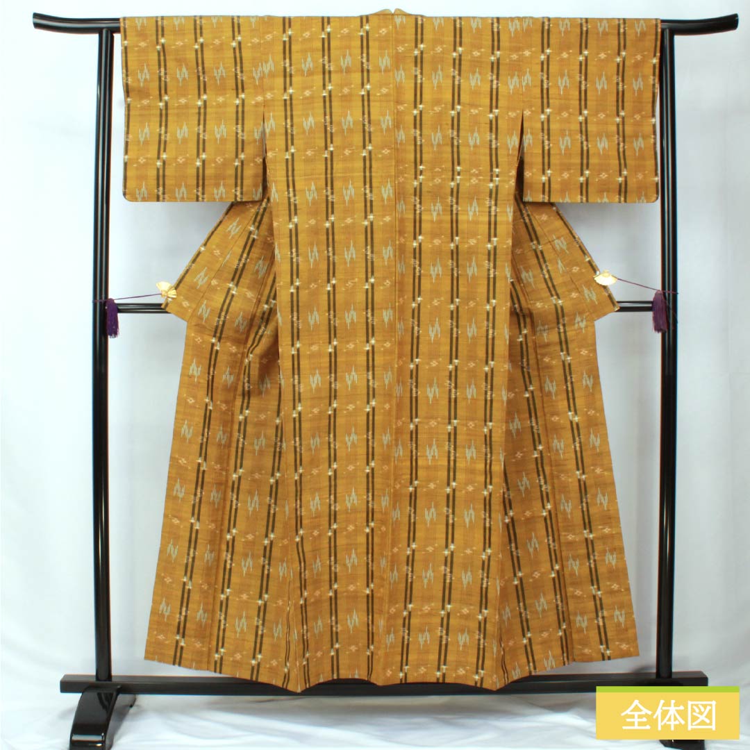 紬 正絹 Sランク 身丈154cm 裄丈62.5cm 黄茶色(きちゃいろ) 絣 単衣 茶系 1116004022214