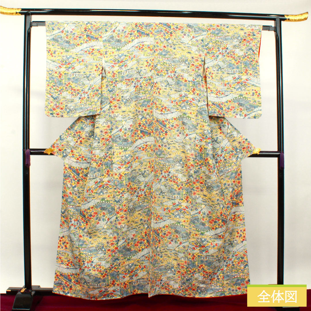 小紋 正絹 身丈158.5cm 裄丈62.5cm 袷 麹色 型染 茶屋辻 しつけ糸付き 未使用品 Sランク 黄系 1115003792323