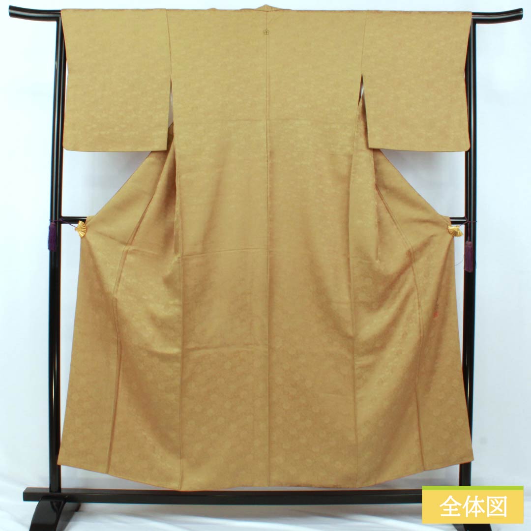 Solid-colored silk kimono, S rank, length 154cm, sleeve length 64cm, hibiscus-brown (hiwachairo) color, single crest (kikyo) with sewn crest, lined, green, 1114002432219
