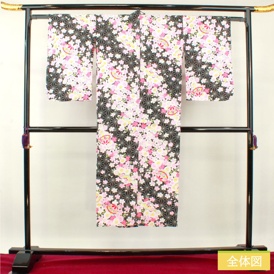Yukata Cotton Length 137.5cm Sleeve length 61.5cm S rank Single layer Black Cherry blossom Asanoha 1118005032110