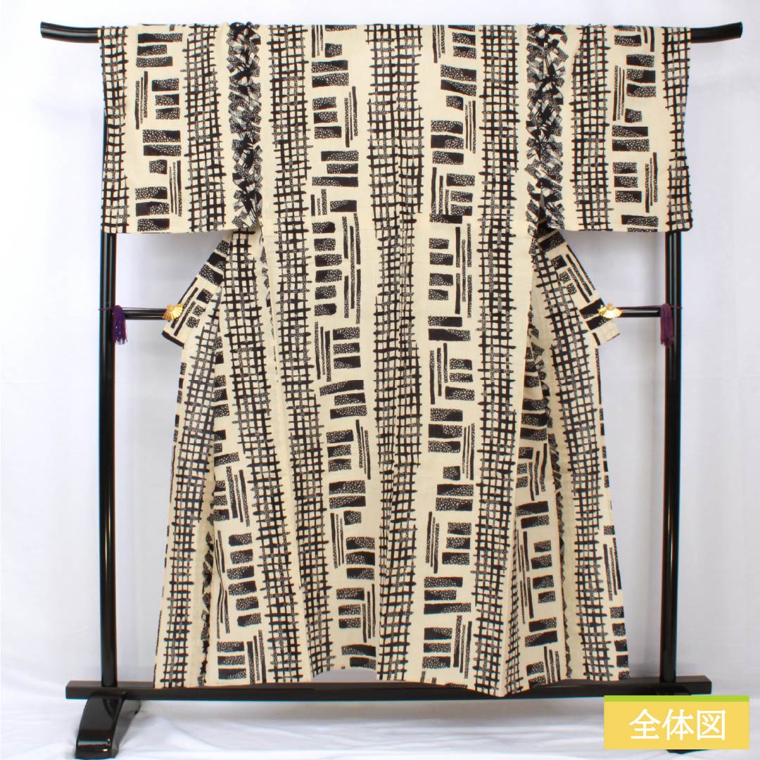 Men's yukata, cotton-linen blend, length 154cm, sleeve length 71.5cm, A rank, unlined, beige (tonoko-iro), geometric pattern, 1118005423225