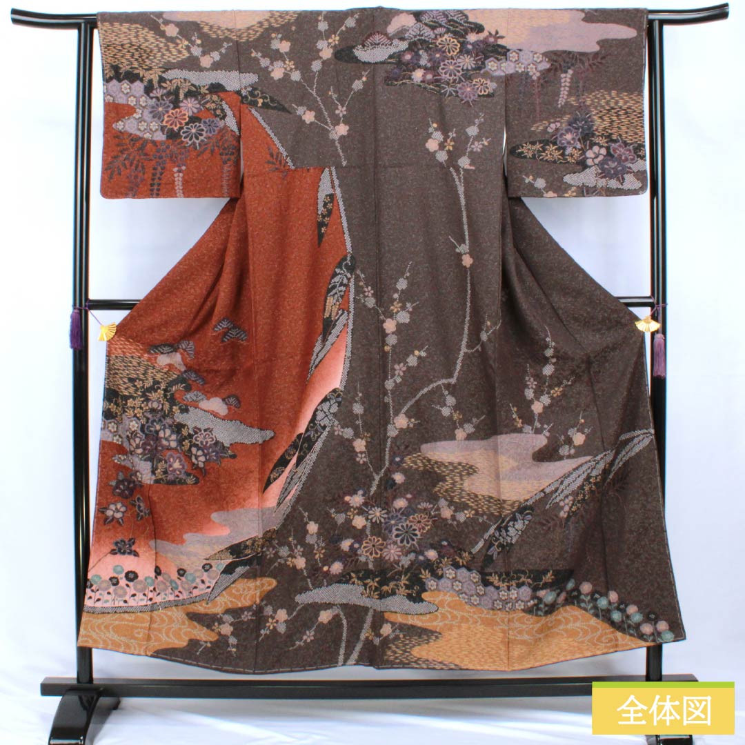 訪問着 正絹 Sランク 袷 身丈153cm 裄丈63cm 消炭色(けしずみいろ) 朱殷色(しゅあんいろ) 京友禅 絞り 銀通し 古典柄 マルチカラー 1112007702228