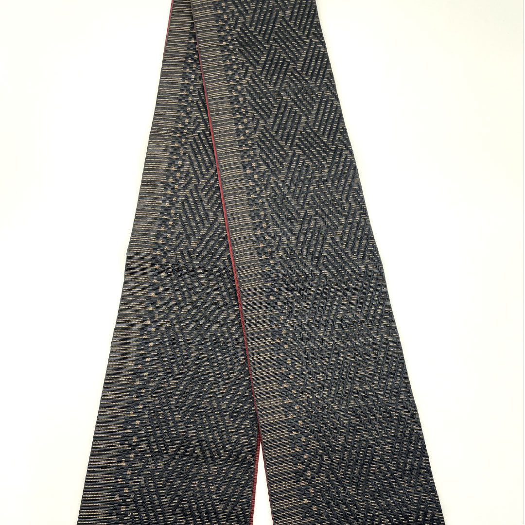 (New) Half-width obi, polyester, NEW rank, Koetsu-cha (dark reddish brown) and Akacha (reddish brown),菱型 (lozenge) and abstract floral pattern, reversible, obi length 400cm, brown tones, 1125002511414