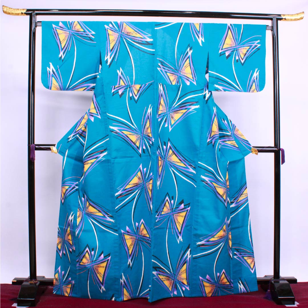 Yukata Rust Light Blue Butterfly Cotton S Rank Single Layer Length 167cm Sleeve Length 68.5cm Blue 1118004282517