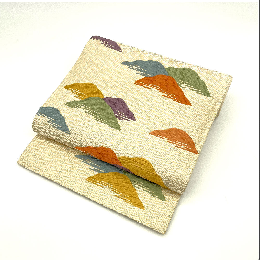 Nagoya obi, Living National Treasure Kitagawa Heiro, Honkaraori, Toyama pattern, obi length 369cm, pure silk, B rank, six-pass, casual, cream color, 1124001314315, open tailoring