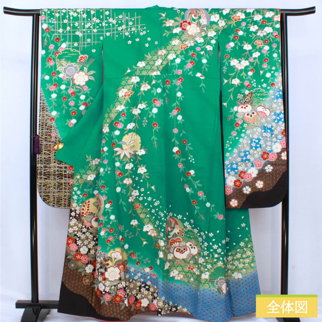 振袖 正絹 Aランク 身丈161cm 裄丈63.5cm 袷 真鴨色(まかもいろ) 吉祥文様 鳳凰 梅 桜 橘 緑系 1113002253419