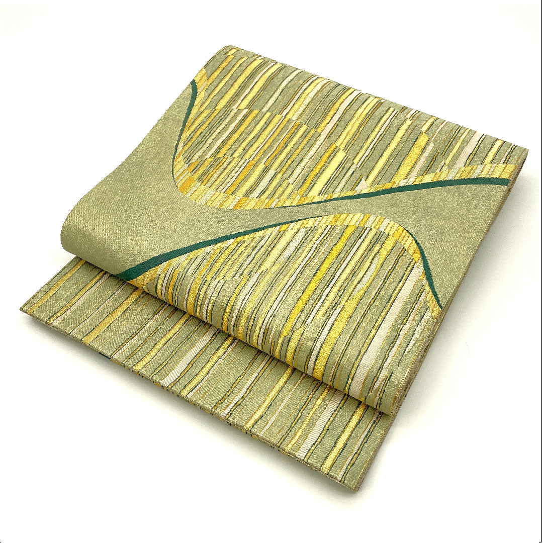 Fukuro Obi with Nuihaku, Geometric Pattern, Length 444cm, Pure Silk, S Rank, Six-way, Semi-formal, Green, 1123004452319