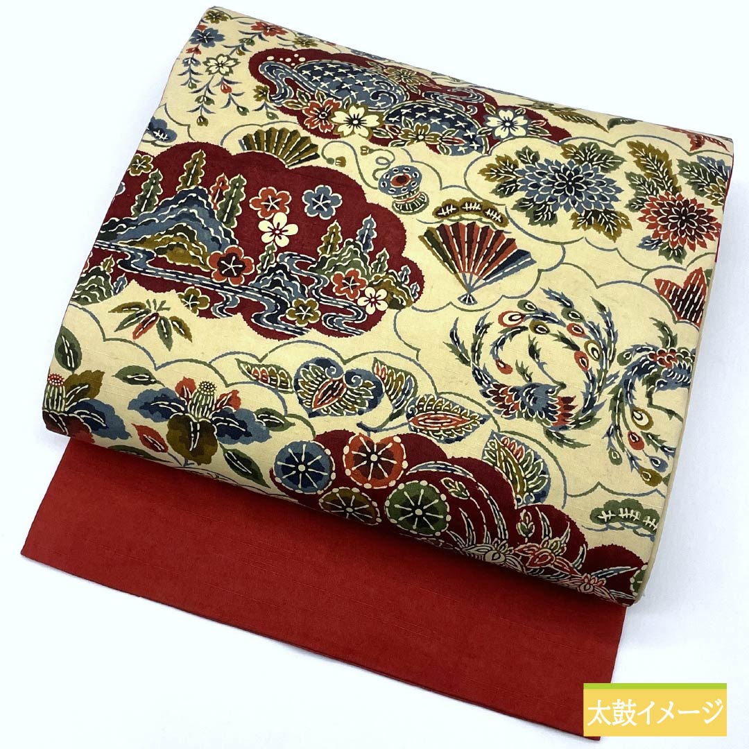 Nagoya obi, Geo-iro, Kyoto Bingata, Cloud pattern, Flower pattern, Length 348cm, Pure silk, S rank, Six-pass, Casual, Cream color, 1124007642315, Nagoya style