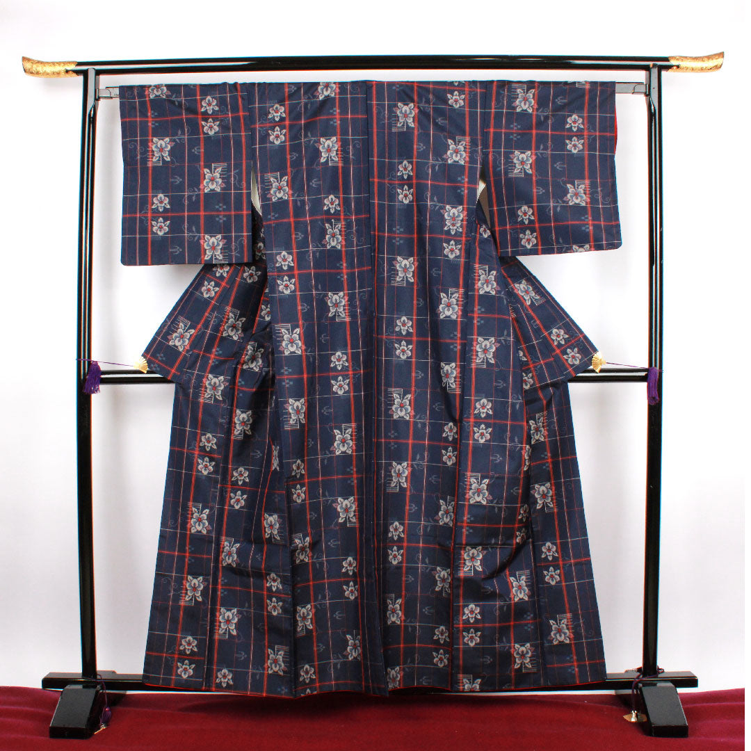Murayama Oshima Length 160cm Sleeve length 64.5cm Ensemble Lattice Flower pattern Pure silk S rank Awase Navy 1116001932418