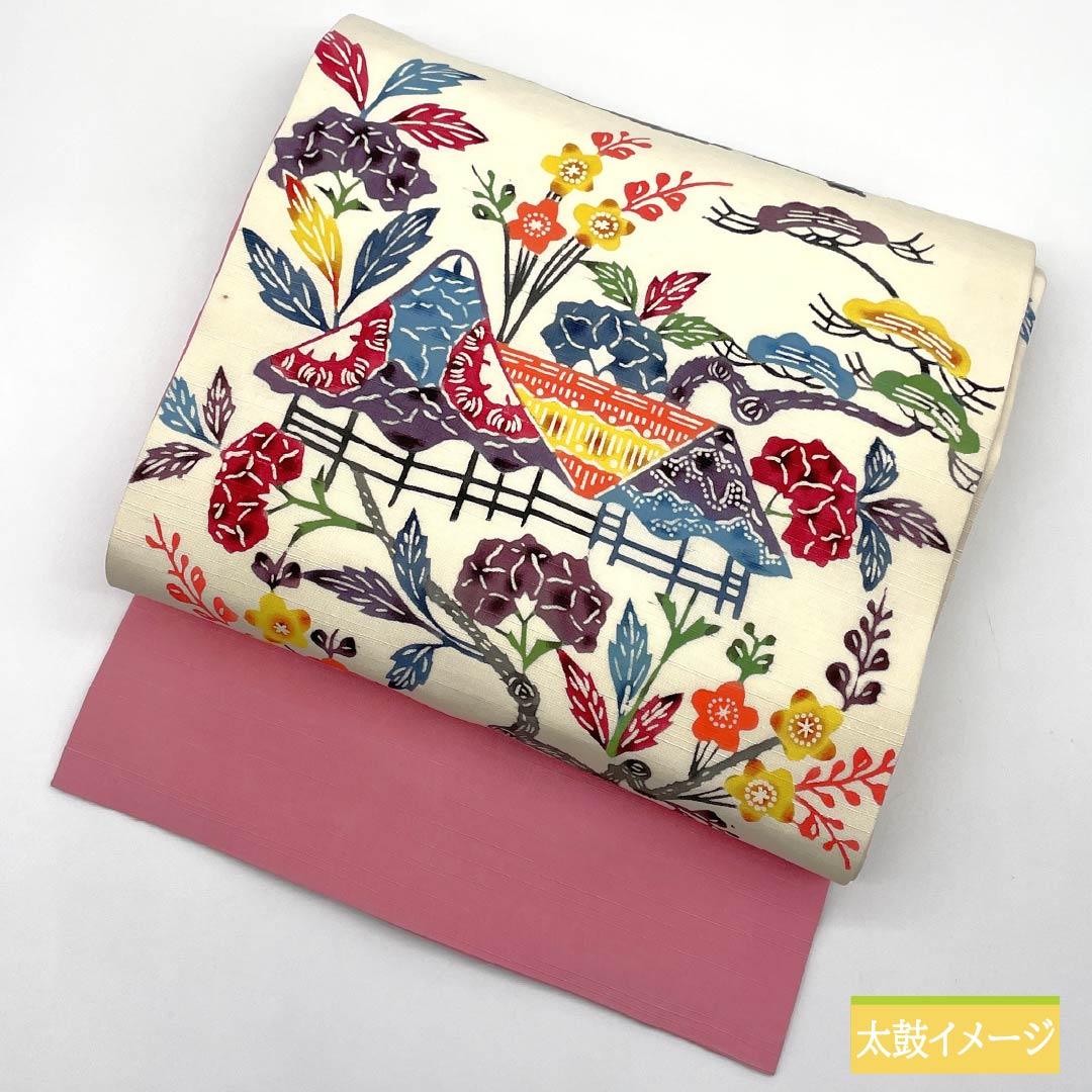 Nagoya obi, medium crimson flower color, Kyoto Bingata, pongee fabric, Bingata-style pattern, obi length 359cm, pure silk, A rank, six-pass, casual, cream color, 1124007333315, Nagoya style
