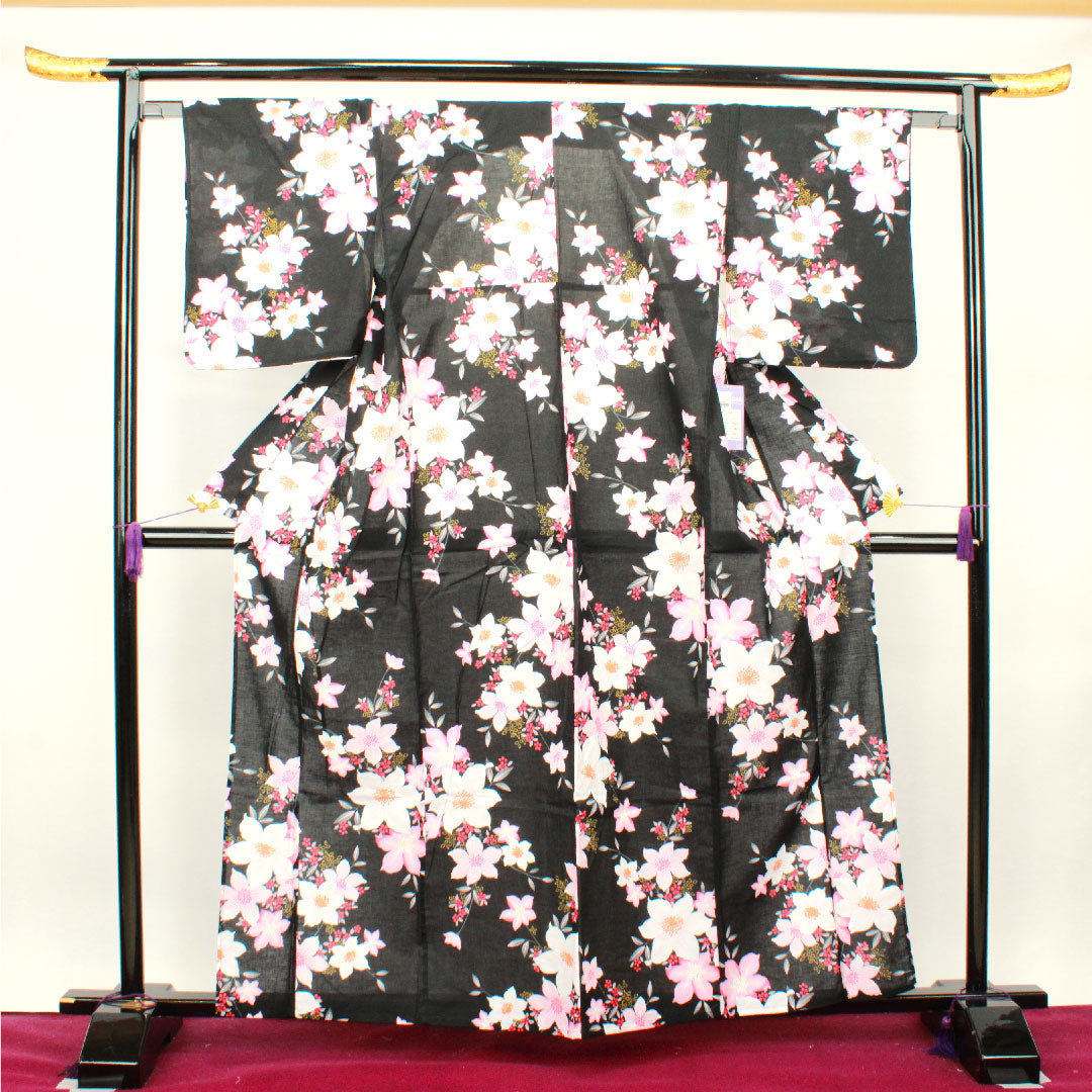Yukata Flower Pattern Cotton S Rank Single Layer Length 162cm Sleeve Length 67cm Black 1118001162410