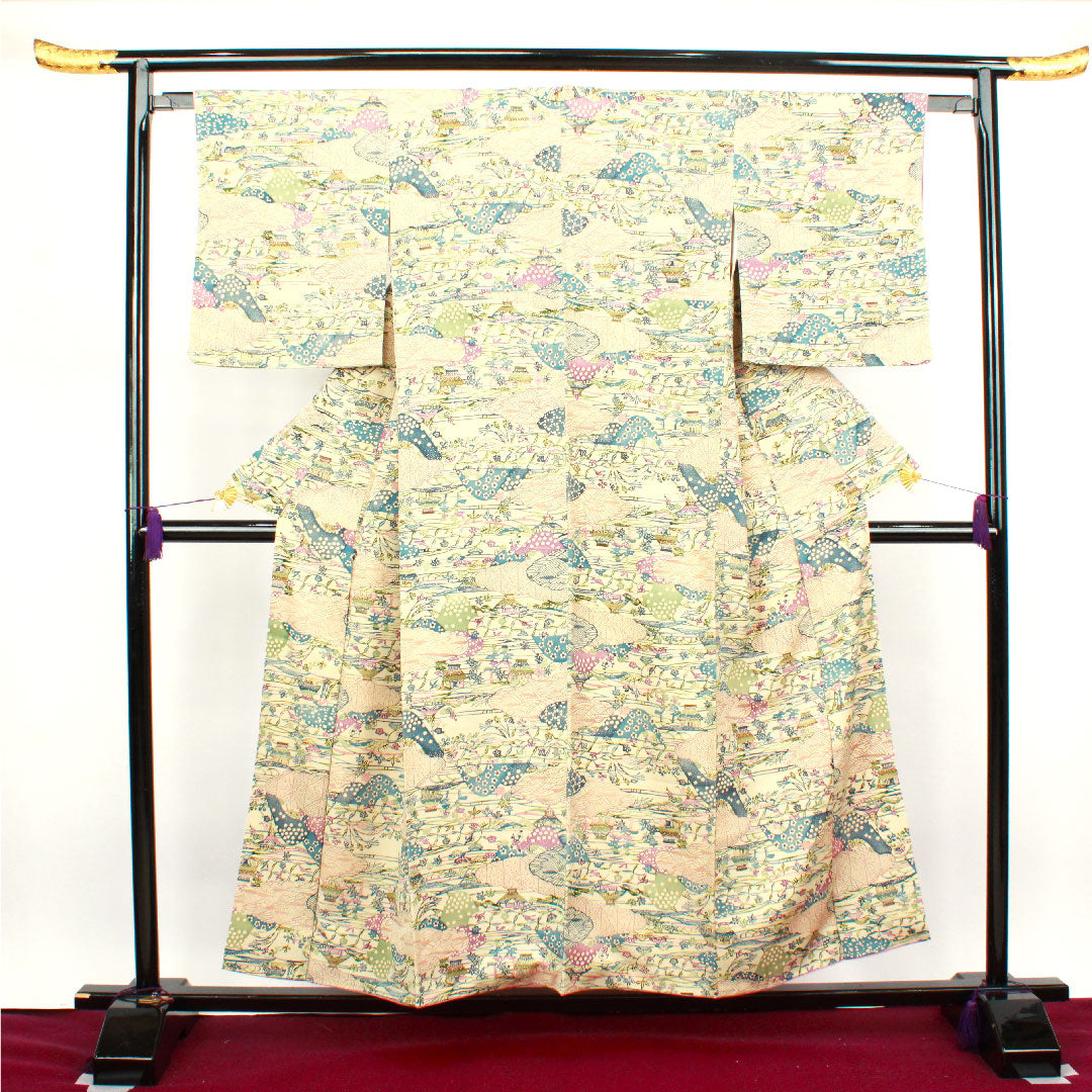 小紋 身丈154.5cm 裄丈61.5cm 袷 砥粉色 紅型 風景模様 正絹 Aランク クリーム系 1115003083215